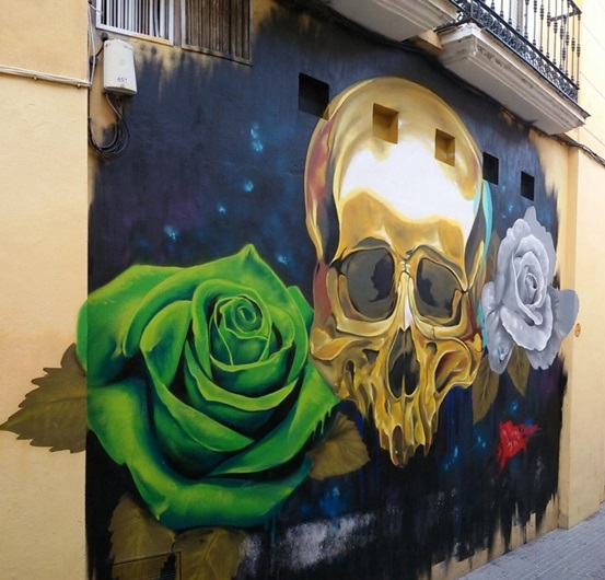 Golden Skull Street Art, MAUS Project SOHO, Street Art Malaga Lagunillas